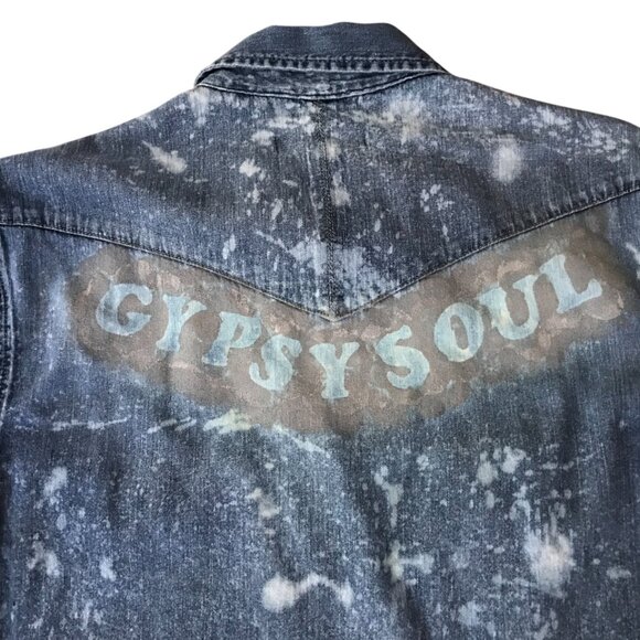Upcycled Bleach Distressed Denim Shirt, GAP Medium:  Gypsy Soul Snap Closure Top - Picture 4 of 10